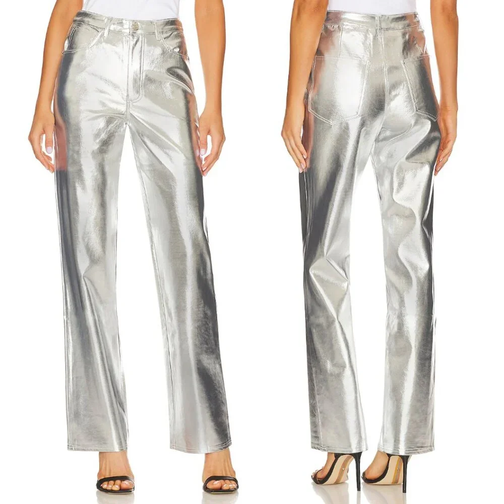 WeWoreWhat Silver Mirror Straight Leg Faux Leather Pants Futuristic Cybercore